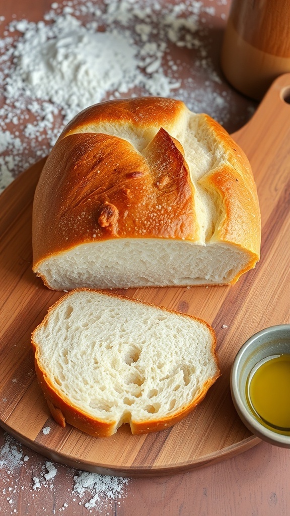 A golden-brown loaf of homemade bread sliced on a wooden board, with a bowl of olive oil beside it.